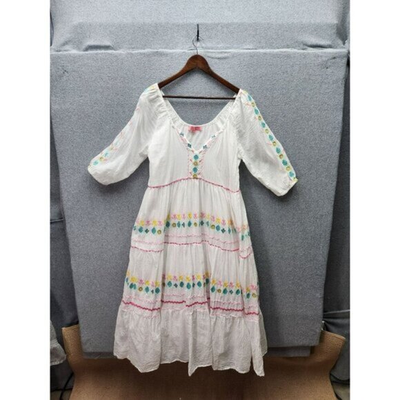 Simply Southern White Boho Style Dress With Floral Embroidery 3/4 Sleeves And Pi - Picture 1 of 6